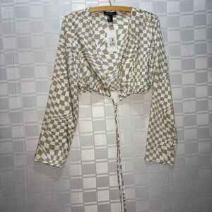 Streetwear Society Beige and White Checker Tie-Front Crop Top